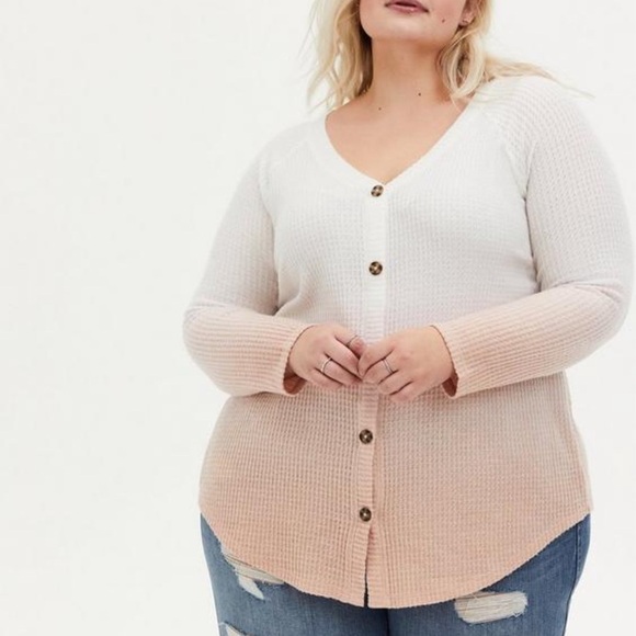 Torrid Waffle V-Neck Button Front Long Sleeve Peach Ombre White Top Plus Size 1X - Picture 5 of 14